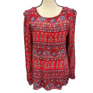 Ann Taylor Loft Womens Top Blouse Sz Large Red Blue Floral Paisley Long Sleeve